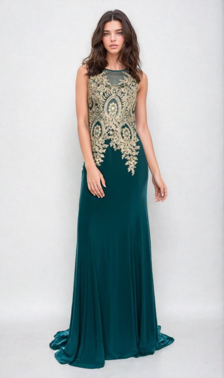 Woman wearing the Gold-Embroidered Long Prom Dress: Chicas C4233—a teal evening gown with gold embroidery on the bodice—standing against a plain light background.